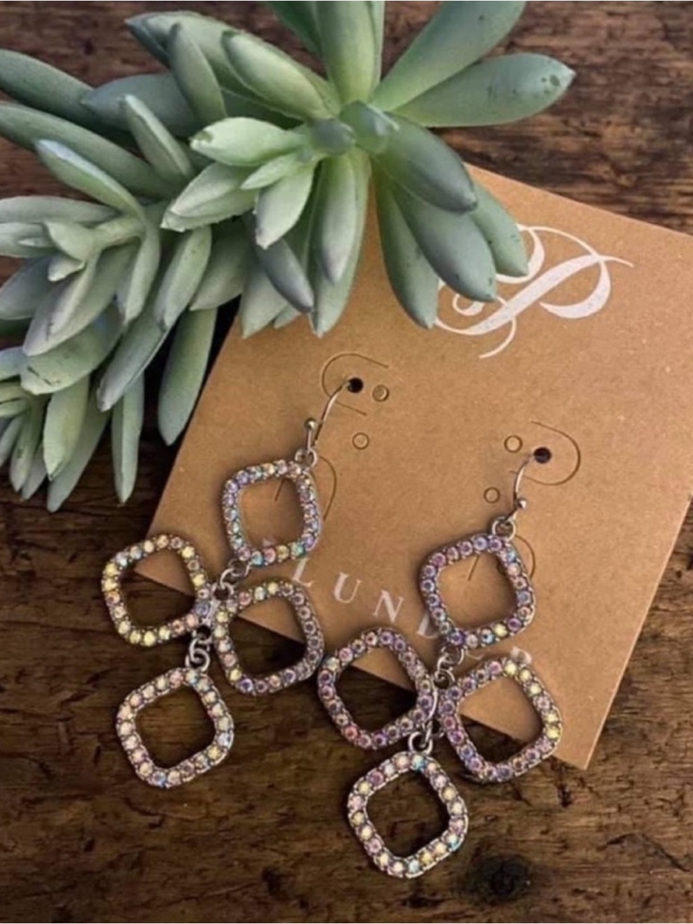 Silver Crystal Link Drop Earrings with Iridescent Tone